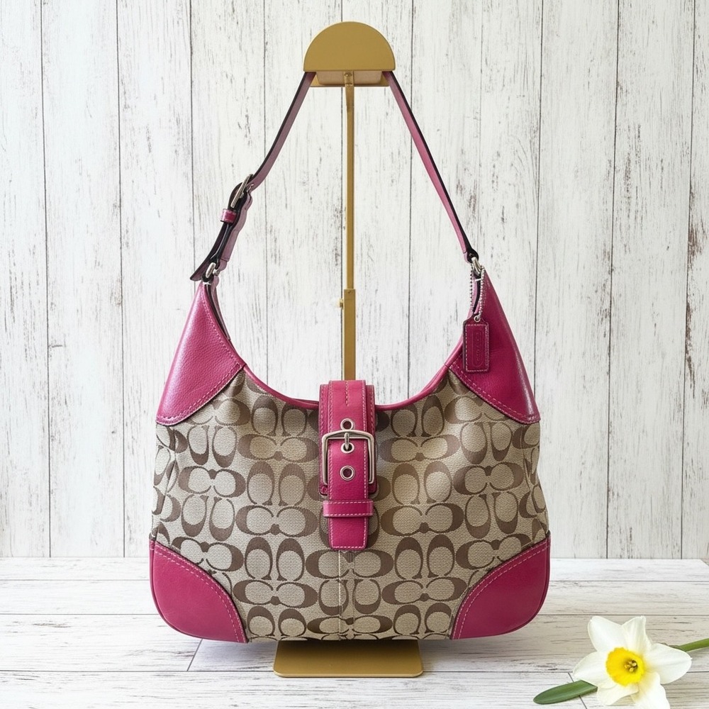 Coach Signature Canvas Pink Leather Buckle‎ Shoulder Bag Y2K Classic